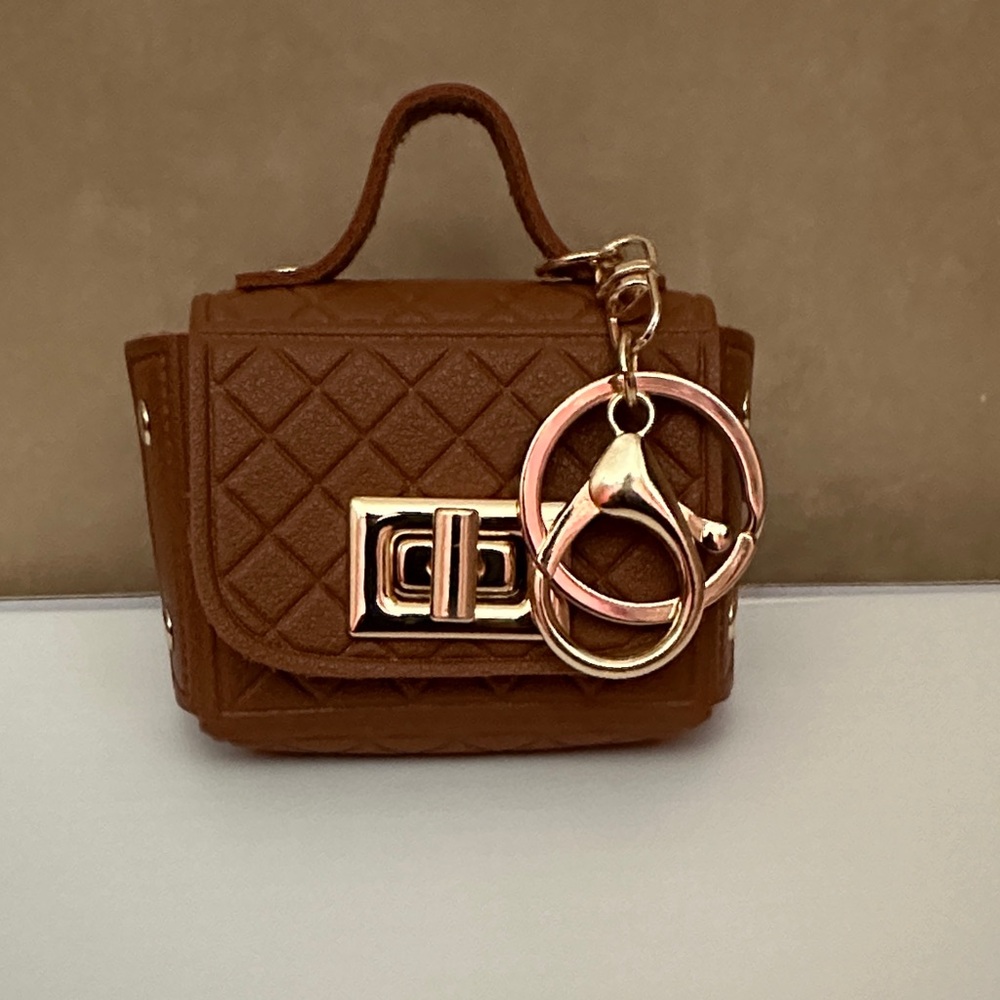 Brown Quilted Mini Bag with Keychain
